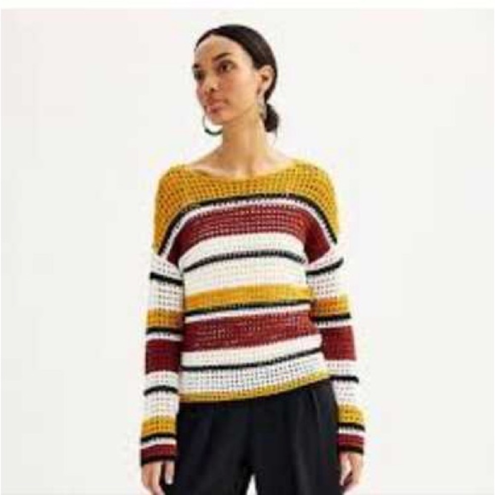 3/$30 ☀️ Nine West Brown Loose Crochet Knit Striped Sweater